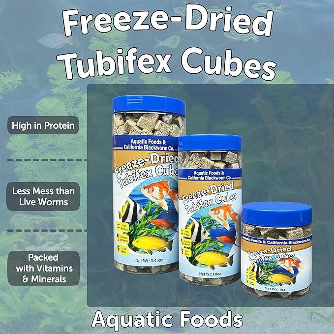 Aquatic Foods Inc. Tubifex Worms, Freeze Dried Tubifex Worm Cubes for Cichlids, Discus, Goldfish, Bettas, Marine Fish, All Tropical Fish, 12-Type Pellet Mix, 4-Type Wafer Mix Included..1.80oz Canister