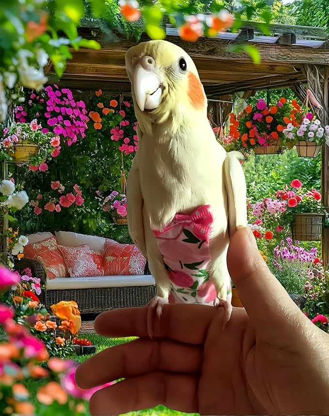 2 Pcs Bird Diapers Bird Harness Flight Suits Diapers with 80in Flying Leash Reusable Parrot Nappy with Waterproof Inner Layer for Cockatiel Budgie Conure Parakeet Lovebird-Pineapple&Peach