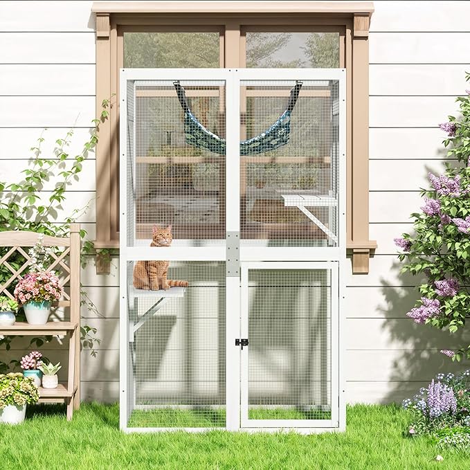 Catio Outdoor Cat Enclosure - Premium Wooden Cat Catio with Window Access & Breathable Mesh, Weatherproof Kitty House for Patio/Backyard/Indoor (White)