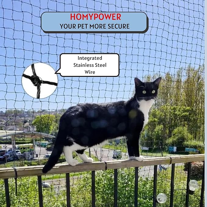 Cat Netting Balcony, 10x20 ft Stainless Steel Reinforced Bite Tear UV and Weather-Resistant Anti-Fall Netting for Pets, Safety Net for Cat, Small Catio for Apartment Balcony Protection