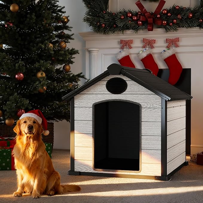 EHHLY 46" Large Dog House Outdoor Weatherproof, 3XL Big Dog House for Large Dog Outside, Insulated Igloo Pet House with Elevated Floor, Extra Durable Resin Plastic, 46Lx40Wx40H, Cemented Grey