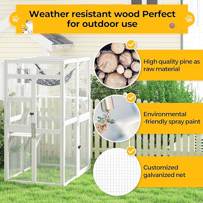 COZIWOW Upgraded Catio Outdoor Cat Enclosure Window Access, Wooden Cat House Shelter, Kitty Cage with Platforms & Hammock Patio Indoor (White)