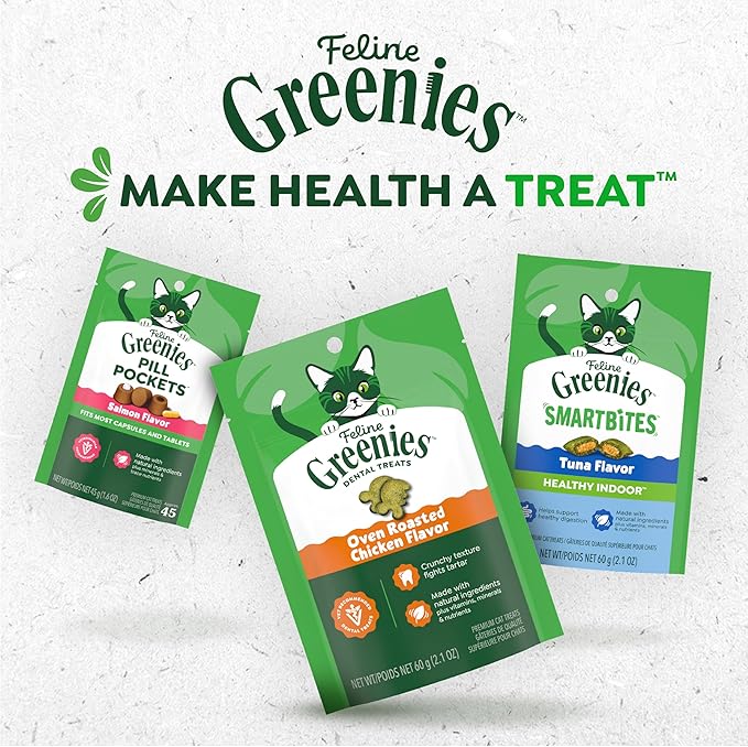Greenies Cat Treats, Feline Smartbites, Skin & Fur Health, Crunchy and Soft Cat Treats, Salmon Flavor, 16 oz. Tub