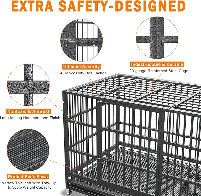 42 inch Heavy Duty Indestructible and Escape-Proof Dog Crate Cage Kennel for Large Dogs, High Anxiety Dog Crate with Removable Wire Trays and Wheels, Extra Large XL XXL, Black