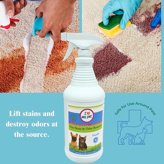 I Love My Pet Unscented Oxy Carpet Cleaner Spray, Professional Strength Stain Remover & Odor Eliminator for Dog & Cat Urine Accidents, 32 oz