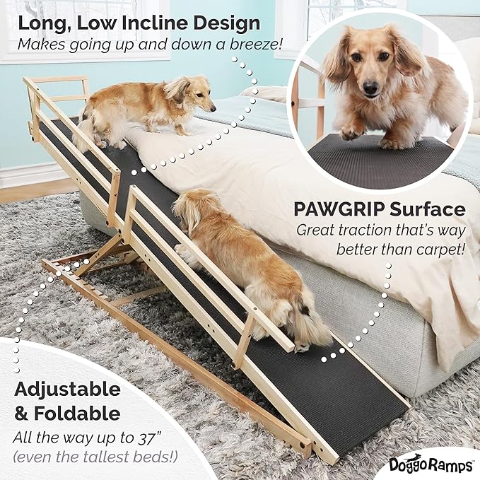 Dog Ramp for Bed, by DoggoRamps – Solid Hardwood Dog Ramp for High Beds (Adjustable up to 37" Tall) with Side Rails & Non-Slip Grip – Ramps for Small Dogs Like Dachshunds – 100% Made in North America