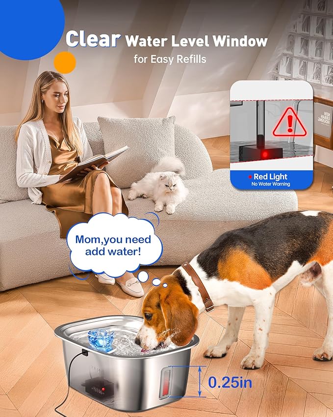 PETNF 3-Gallon Stainless Steel Dog Water Fountain for Large Dogs, Dog Water Bowl Dispenser with 2 Filters, Visible Water Window, Quiet Pump & LED Low-Water Indicator
