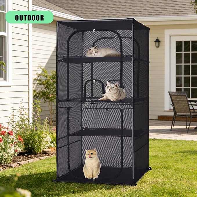 Catio Outdoor Cat Enclosure,4 Tiers Window Catio,Upgraded Mesh Cat Enclosure Sturdy and Durable with Multiple Doors Easy to Clean(31.4“L× 31.4”W ×63" H)