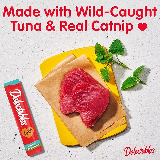 Delectables Squeeze Up Creamy Squeezable Puree, Lickable Wet Cat Treats, Grain Free, No Added Fillers, No by-Products, No Added Preservatives, 0.5 Ounces Tube Tuna with Catnip, 32 Tubes Total