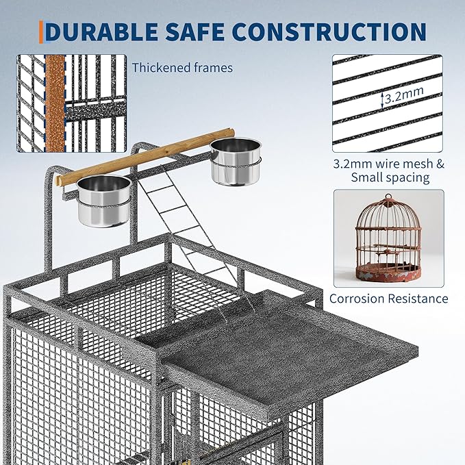 61 Inch Large Bird Cage Rolling Wrought Iron Parrot Cage with Play Top & Bowls for Mid-Sized Parrots Cockatiels Conures Parakeets Lovebirds Budgie Finch Dark Grey