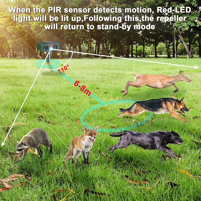 Qualirey 4 Pcs Ultrasonic Animal Repellent Outdoor Solar Powered Pest Repeller Motion Activated Cat Dog Deterrent Waterproof Motion Sensor for Squirrels Raccoon Rabbit Fox, Garden Yard Farm