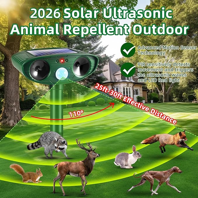 2026 Upgraded Solar Ultrasonic Animal Repellent Outdoor Deer Repellent Devices Motion Detection for Squirrel Raccoon Rabbit Dog Cat Deterrent Keep Rodent Chipmunk Away from Yard Lawn,4Pack