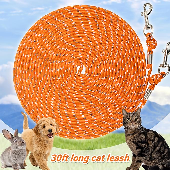 Reflective Cat Leash, 30ft Escape Proof Walking Lead Yard Long Leash, Extender Leash Training Playing Outdoor for Cats Puppy Kitten Small Dogs Rabbit Small Animals