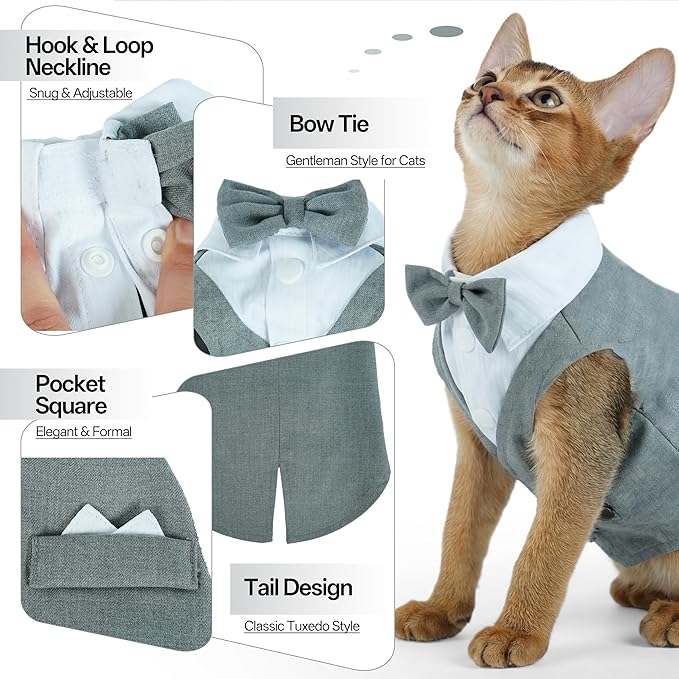 PUMYPOREITY Cat Tuxedo Suit Formal Wear with Bow Tie, Soft Skin-Friendly Cat Costumes for Cats Only, Elegant Outfit for Male Female Cats, Perfect for Wedding Birthday Photo Shoots, M, Grey