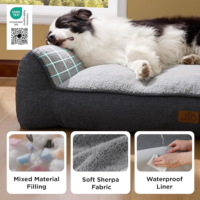 Bedsure SupportMax™ XL Plus Orthopedic Dog Beds Large Sized Dog - Extra Thick Supportive Dogs Couch with Waterproof Washable Cover, Jumbo Pet Sofa with Soft Sherpa and Nonskid Bottom, Grey, 48"