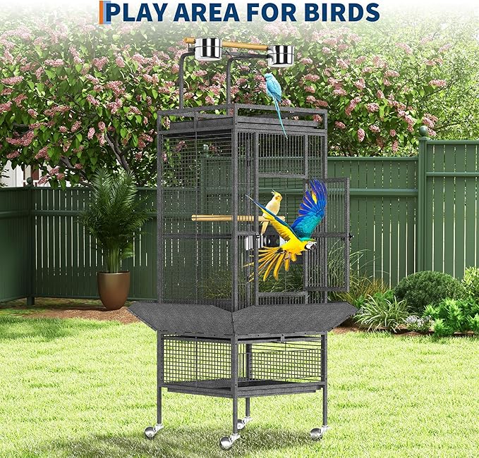 61" Large Bird Cage, Metal Parrot Cage with Play Top, Rolling Stand & Bowls - Bird Aviary for Macaws, Cockatoos, Conures, Black