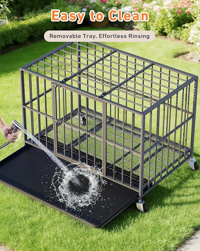 48 inch Heavy Duty Dog Crate with Dual Doors and Lockable Wheels, Large Dog Kennel Indoor, Removable Tray for Easy Cleaning, Dog Cage for Medium to Large Breeds and Anxious Dogs