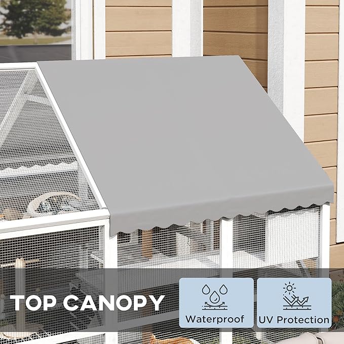PawHut 110" L Large Catio Outdoor Cat Enclosure for Multiple Kittens, 56 sq.ft Wooden Cat House with Waterproof Cover, Walk in Kitty Cage Kennel with 2 Condos, 6 Platforms, Bridge, Doors, White