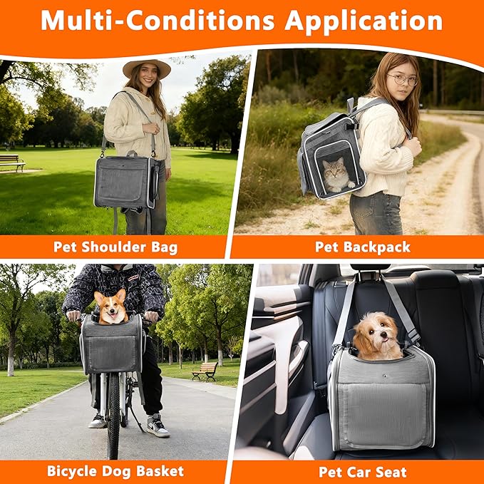 Dog Bike Basket, Expandable Soft Edge Pet Carrier Backpack, Foldable Dog Bicycle Carriers with 4 Mesh Windows, for Medium Cats&Dogs, Suitable for Cross Shaped, Shoulder and Car Seats (Grey)