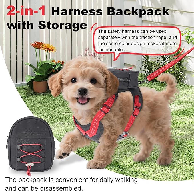 Dog Backpack Harness for Small and Medium Dogs, Adjustable Pet Bag with Detachable Backpack and Leash, Water-Resistant for Hiking, Travel and Walks, S