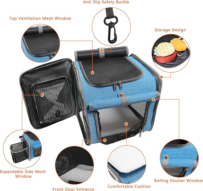 Dog Bike Basket, Expandable Soft Edge Pet Carrier Backpack, Foldable Dog Bicycle Carriers with 4 Mesh Windows, for Medium Cats&Dogs, Suitable for Cross Shaped, Shoulder and Car Seats (Blue)