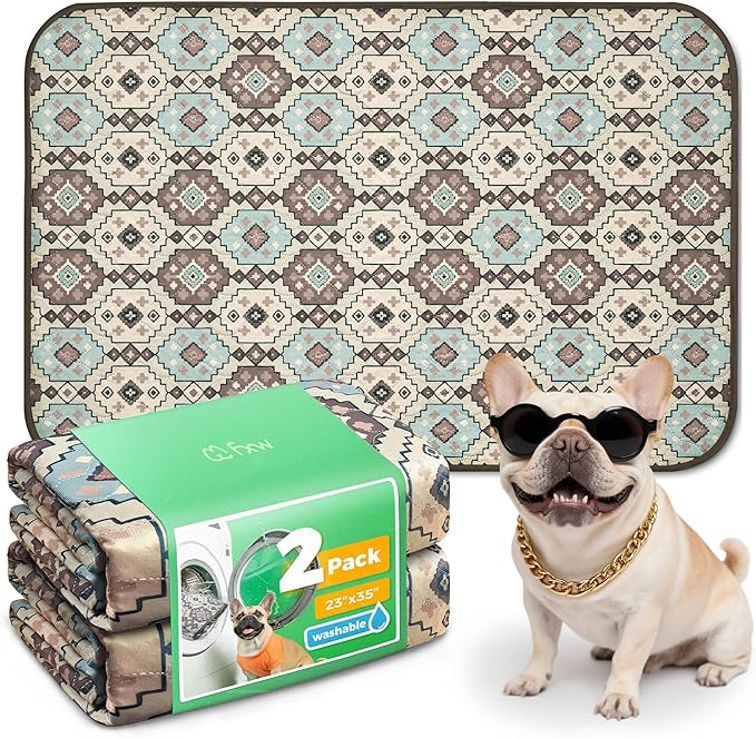 FXW Washable Pee Pads for Dogs, Puppy Pads with Super Absorbent, Specifically Designed for 36inch Cages, 23" x 35" Rectangle, Tribal Beige, 2 Packs