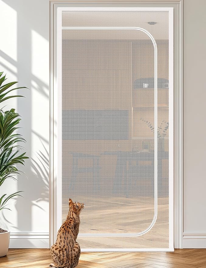 BFNN Cat Screen Door, Extra Tall Cat-Proof Mesh Gate, Fit Door Size 38'' x 82.5'', Anti Scratch Mesh with Zipper Closure, for Living Room, Kitchen, Bedroom (White)
