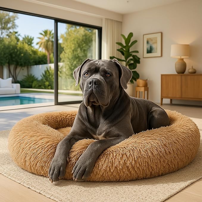 Calming Dog Bed - Fluffy Donut Cuddler for Anxiety Relief, Orthopedic Pet Bed with Non-Slip Bottom, Cozy Round Faux Fur Nest for Dogs and Cats, Plush Crate Mat for Comfort (Camel, X-Large)