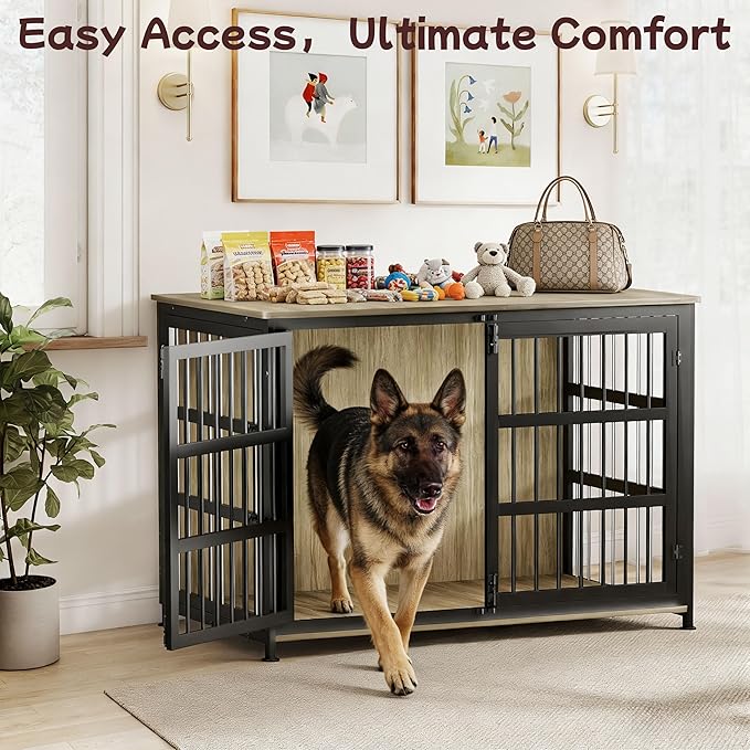46'' Dog Crate Furniture Large Breed Dog Crate Dog Kennels for Inside Wooden Dog Crates End Table Heavy Duty Indoor Combination Cage for Medium to Large Dogs Maple