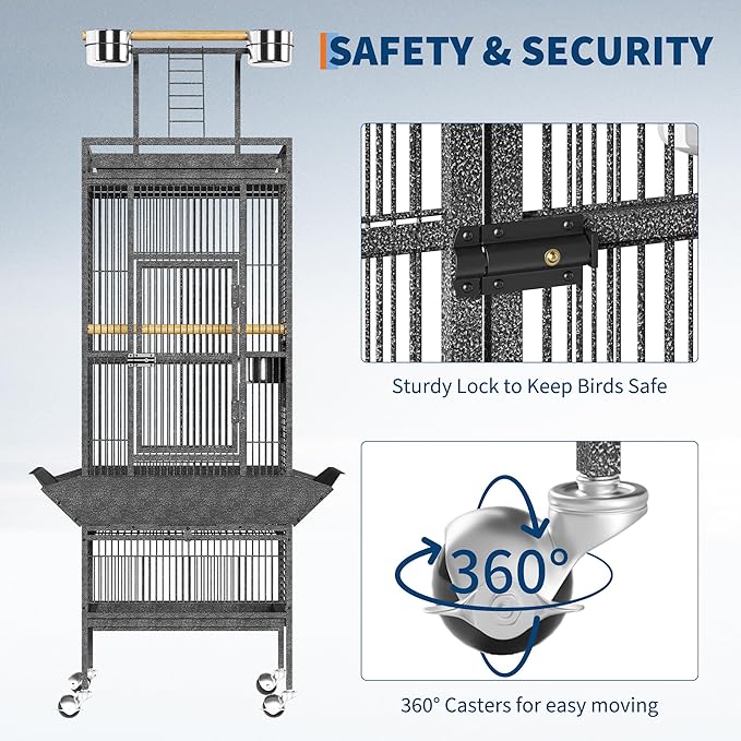61Inch Bird Cage with Play Top, Extra Large Bird Cage with Wood Perches, Feeder for Parakeets, Canaries, Lovebirds, Small Quaker, Cockatiels, Budgie