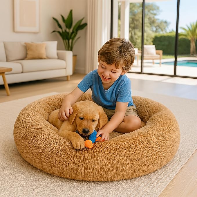 Calming Dog Bed - Fluffy Donut Cuddler for Anxiety Relief, Orthopedic Pet Bed with Non-Slip Bottom, Cozy Round Faux Fur Nest for Dogs and Cats, Plush Crate Mat for Comfort (Camel, X-Large)