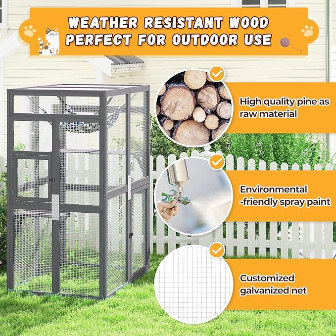 COZIWOW Upgraded Catio Outdoor Cat Enclosure Window Access, Wooden Cat House Shelter, Kitty Cage with Platforms & Hammock Patio Indoor (Gray)