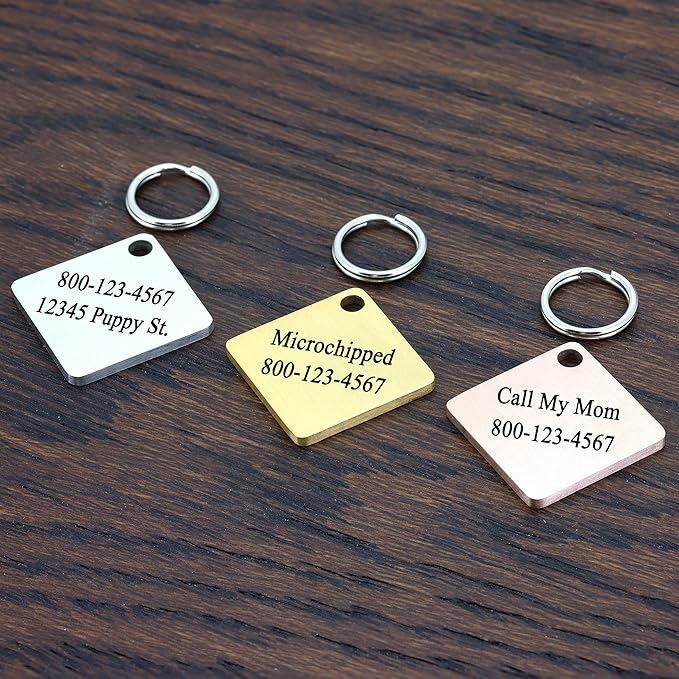 Ultra Joys Cat ID Tag Personalized Pet Tags, Durable Stainless Steel Small Pet Mini Dog Cat Tag Lightweight -Diamond Tag in Rose Gold