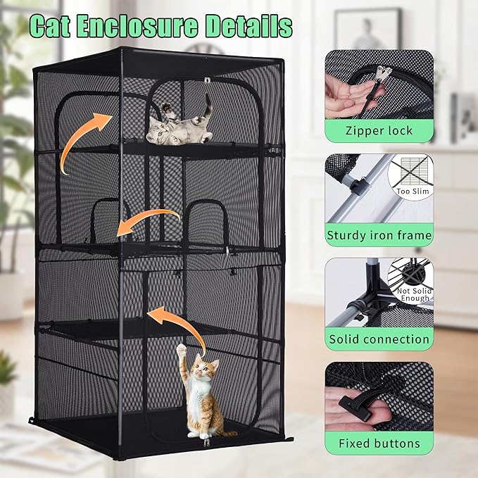 Catio Outdoor Cat Enclosure,4 Tiers Window Catio,Upgraded Mesh Cat Enclosure Sturdy and Durable with Multiple Doors Easy to Clean(31.4“L× 31.4”W ×63" H)