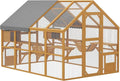 PawHut 110" L Large Catio Outdoor Cat Enclosure for Multiple Kittens, 56 sq.ft Wooden Cat House with Waterproof Cover, Walk in Kitty Cage Kennel with 2 Condos, 6 Platforms, Bridge, Doors, Yellow