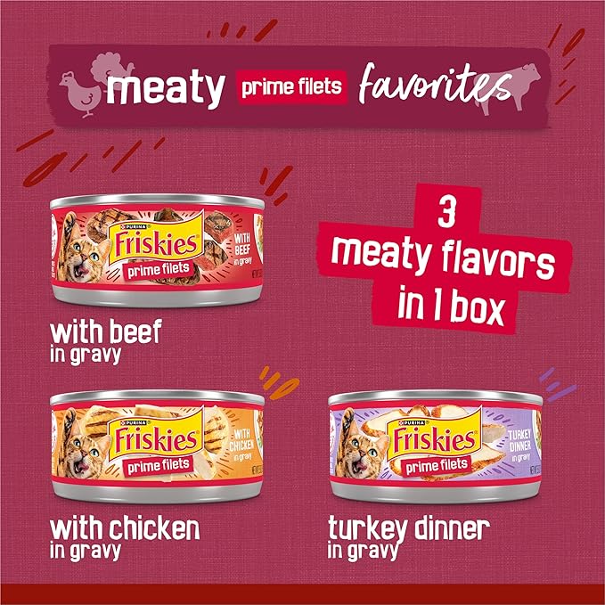 Purina Friskies Gravy Wet Cat Food Variety Pack, Prime Filets Meaty Favorites - (Pack of 24) 5.5 oz. Cans
