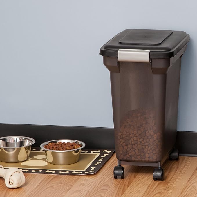IRIS USA Airtight Dog Food Storage Container, WeatherPro, Up to 22 lbs, Removable Wheels, for Dog Cat Bird and Other Pet Food Storage Bin, Keep Fresh, Made in USA, Smoke