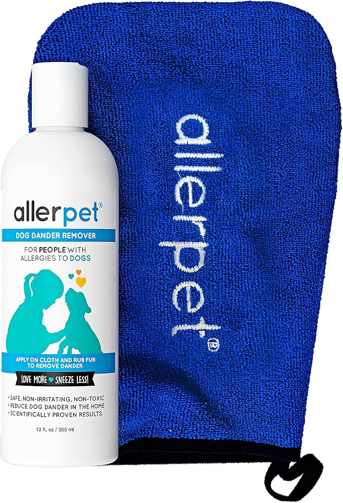 Allerpet Dog Dander Remover w/Free Applicator Mitt - Pet Dander Remover for Allergens - for Canine Dry Skin Treatment - Good for Fur & Skin - (12oz)