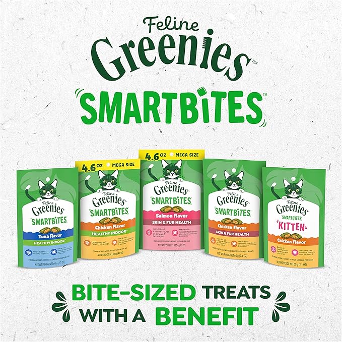 Greenies Cat Treats, Feline Smartbites, Skin & Fur Health, Crunchy and Soft Cat Treats, Salmon Flavor, 4.6 oz. Pack
