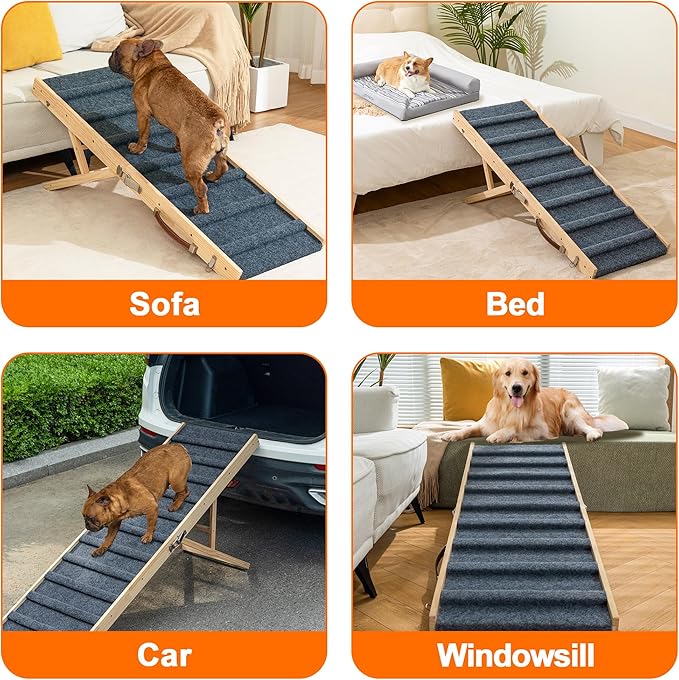 Clikuutory 2025 Upgraded Dog Ramp for Couch, 47.2" Foldable Small Dog Ramp for Bed, 4 Adjustable Height from 14" to 26", Portable Stable Pet Steps with Anti-Slip Carpet for Low Bed Couch Stairs, Wood