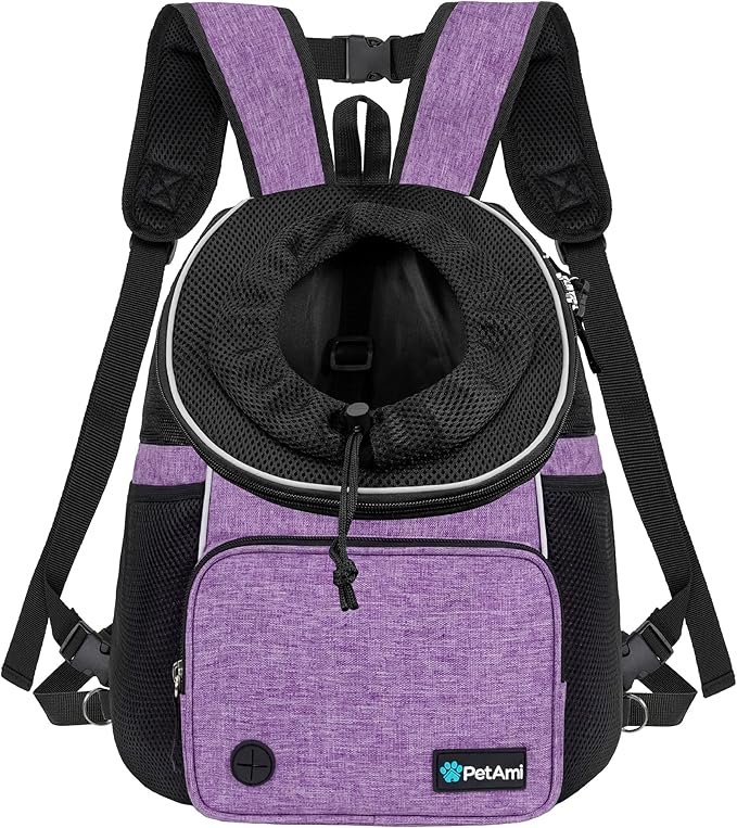 PetAmi Adjustable Cat & Dog Chest Carrier Backpack, Ventilated for Hiking & Camping, Max 15 lbs, Purple