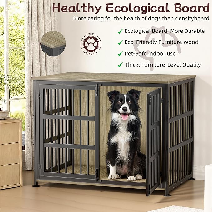 42'' Dog Crate Furniture Large Breed Dog Crate Dog Kennels for Inside Wooden Dog Crates End Table Heavy Duty Indoor Combination Cage for Medium to Large Dogs Maple