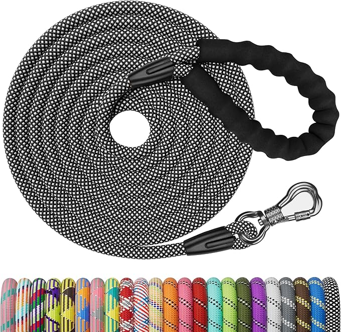 NTR Heavy Duty Dog Leash,15FT Long Rope Leash for Dog Training with Swivel Lockable Hook,Reflective Threads and Comfortable Handle,Dog Lead for Walking,Hunting,Camping for Medium and Large Dog, Black