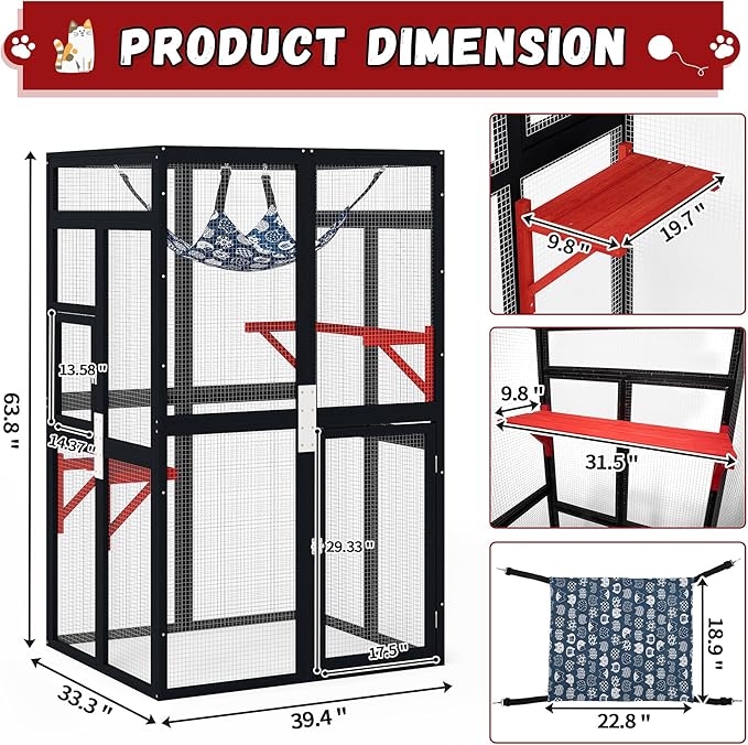 Catio Outdoor Cat Enclosure - Premium Wooden Cat Catio with Window Access & Breathable Mesh, Weatherproof Kitty House for Patio/Backyard/Indoor (Black)