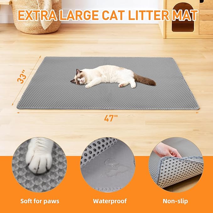 Large Cat Litter Mat for Litter Box, 47"×33" Double Layer Trapping Mat, Non-Slip Water Proof Kitty Litter Pad, Grey