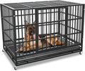 38 Inch Heavy Duty Dog Crate Cage with Wheels, Indestructible and Escape Proof Steel Kennel Indoor for High Anxiety Dogs with Sturdy Locks, Double Door and Tray, Extra Large XL XXL