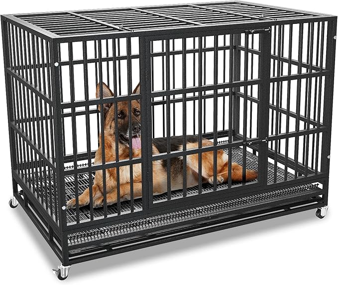 38 Inch Heavy Duty Dog Crate Cage with Wheels, Indestructible and Escape Proof Steel Kennel Indoor for High Anxiety Dogs with Sturdy Locks, Double Door and Tray, Extra Large XL XXL