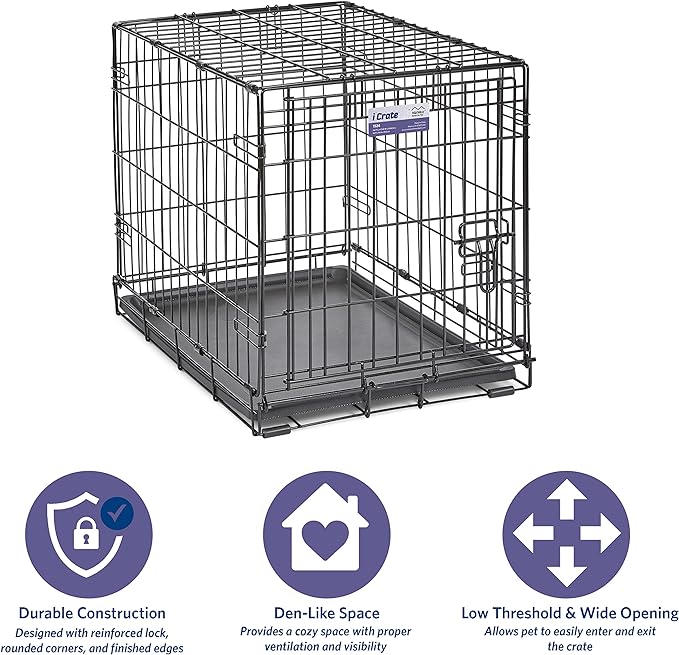 MidWest Homes for Pets 24-Inch iCrate Folding Dog Crate with Divider Panel, Leak-Proof Tray & Secure Latches – Metal Wire Kennel for Small Breeds – Portable, Durable & Easy to Assemble