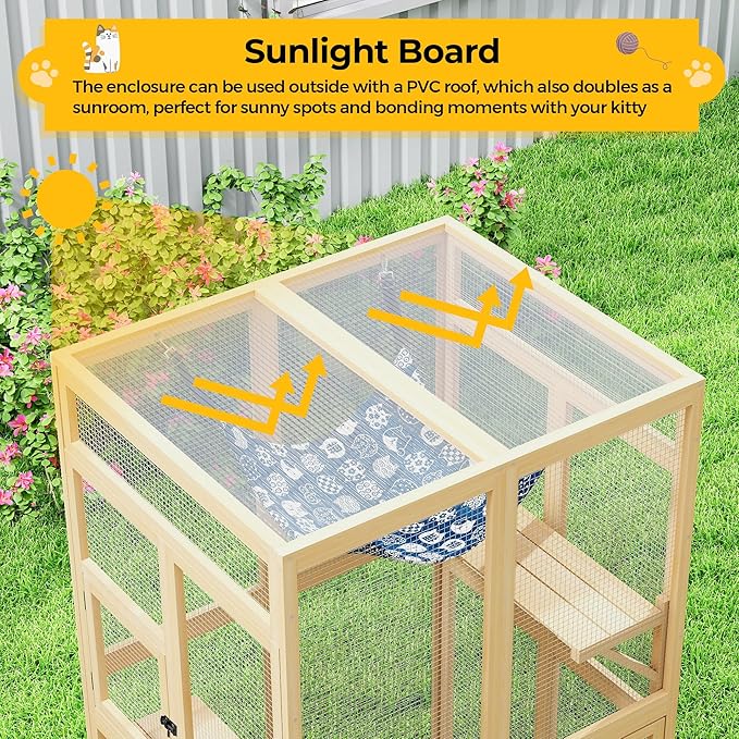 Catio Outdoor Cat Enclosure - Premium Wooden Cat Catio with Window Access & Breathable Mesh, Weatherproof Kitty House for Patio/Backyard/Indoor (Wood)